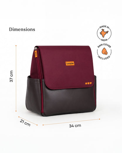 Loopie Robin Diaper Bag-Backpack With Foldable Diaper Mat-Multiple Compartments & Insulated Pockets-Maroon Mulberry