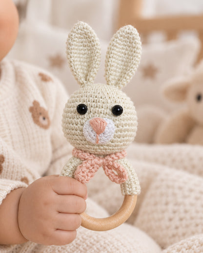 Babble Wrap Bunny with Scarf Crochet Rattle Toy-Teething Relief & Easy to Grasp-For Infants