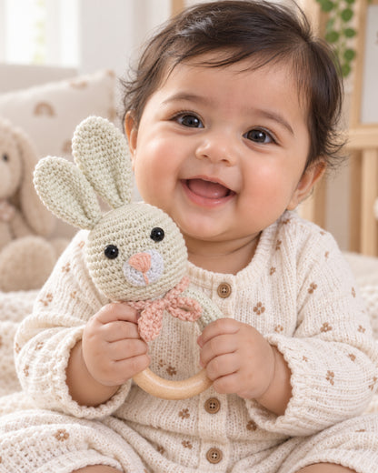 Babble Wrap Bunny with Scarf Crochet Rattle Toy-Teething Relief & Easy to Grasp-For Infants