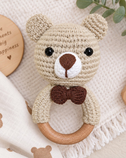 Babble Wrap Bear with Bow Crochet Rattle Toy-Teething Relief & Easy to Grasp-For Infants