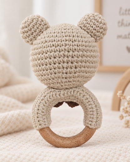 Babble Wrap Bear with Bow Crochet Rattle Toy-Teething Relief & Easy to Grasp-For Infants