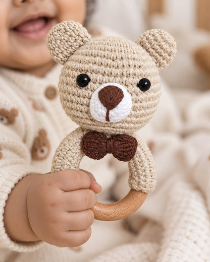 Babble Wrap Bear with Bow Crochet Rattle Toy-Teething Relief & Easy to Grasp-For Infants