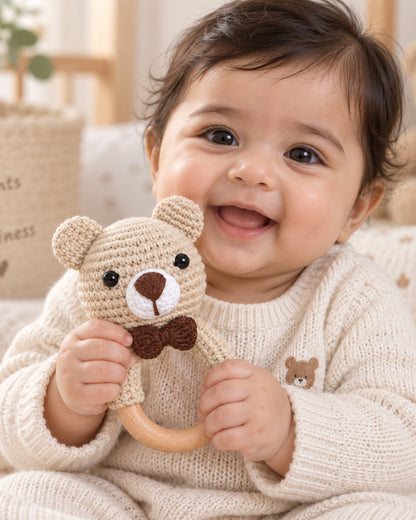 Babble Wrap Bear with Bow Crochet Rattle Toy-Teething Relief & Easy to Grasp-For Infants