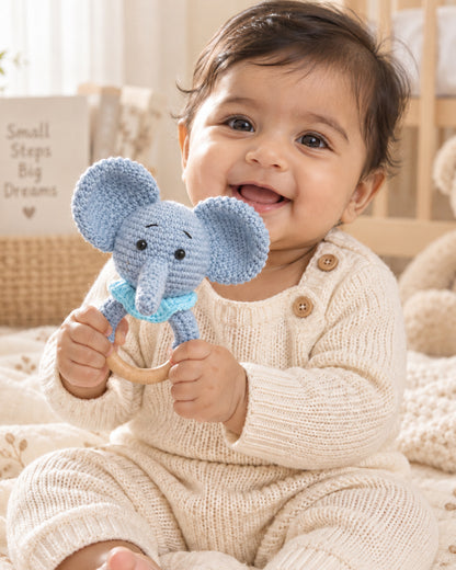 Babble Wrap Elephant with Scarf Crochet Rattle Toy-Teething Relief & Easy to Grasp-For Infants