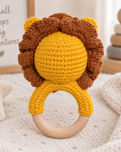 Babble Wrap Lion with Bow Crochet Rattle Toy-Teething Relief & Easy to Grasp-For Infants
