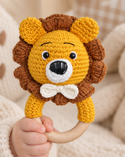 Babble Wrap Lion with Bow Crochet Rattle Toy-Teething Relief & Easy to Grasp-For Infants