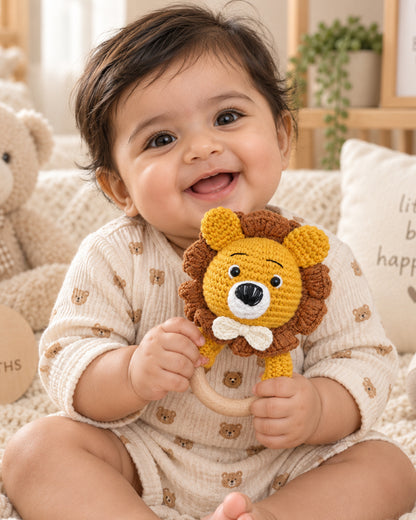 Babble Wrap Lion with Bow Crochet Rattle Toy-Teething Relief & Easy to Grasp-For Infants