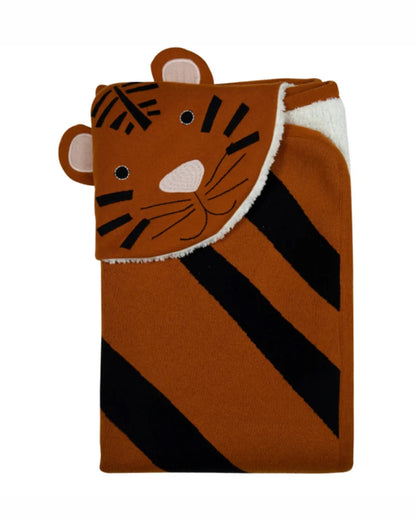 Pomme Tiger Knitted Ultra Soft Hooded Sherpa Blanket-100% Cotton-Ivory & Rust-For Infants