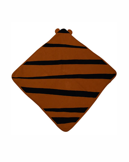 Pomme Tiger Knitted Ultra Soft Hooded Sherpa Blanket-100% Cotton-Ivory & Rust-For Infants