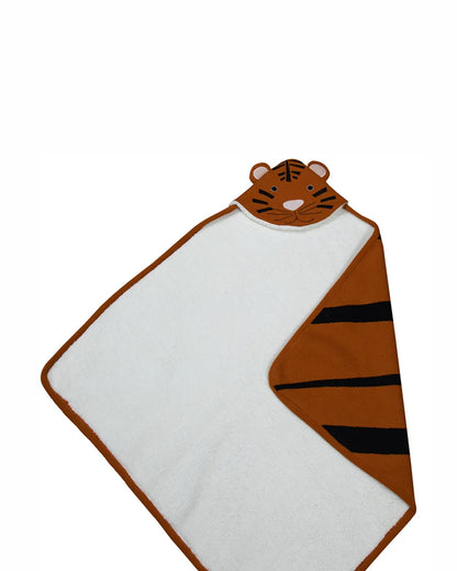 Pomme Tiger Knitted Ultra Soft Hooded Sherpa Blanket-100% Cotton-Ivory & Rust-For Infants