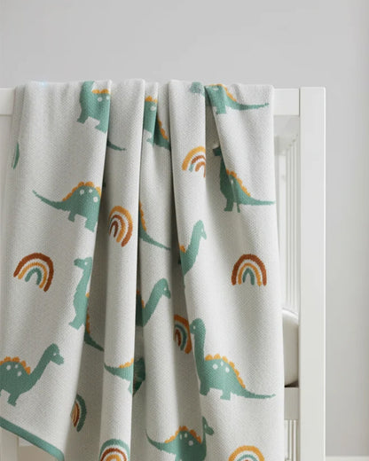 Pomme Cute Dino & Rainbow Knitted Ultra Soft Blanket-100% Cotton-Ivory & Feldspar-For Infants