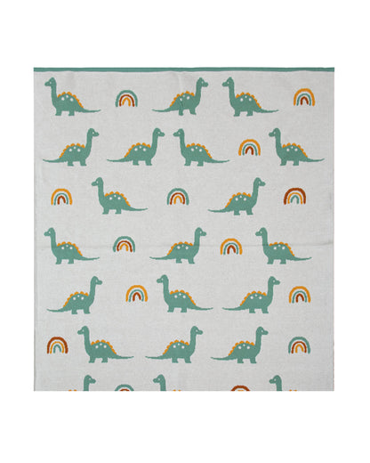 Pomme Cute Dino & Rainbow Knitted Ultra Soft Blanket-100% Cotton-Ivory & Feldspar-For Infants