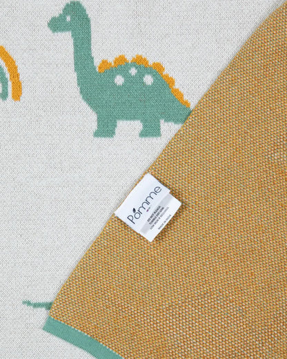 Pomme Cute Dino & Rainbow Knitted Ultra Soft Blanket-100% Cotton-Ivory & Feldspar-For Infants
