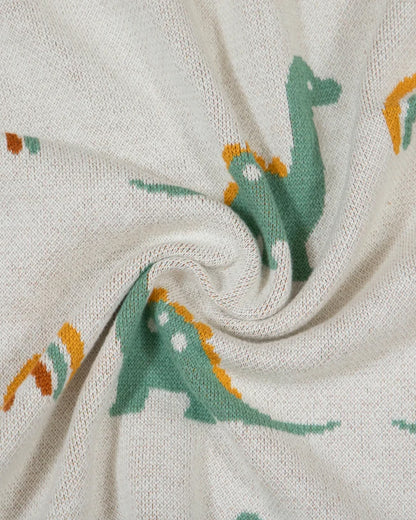 Pomme Cute Dino & Rainbow Knitted Ultra Soft Blanket-100% Cotton-Ivory & Feldspar-For Infants