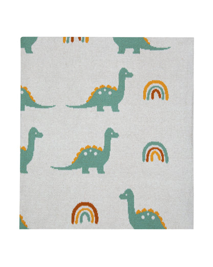 Pomme Cute Dino & Rainbow Knitted Ultra Soft Blanket-100% Cotton-Ivory & Feldspar-For Infants