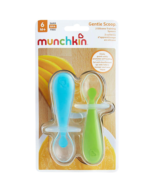 Munchkin Gentle Silicone Training Spoon Set-Anti-Choking Self-Feeding Spoons-BPA-Free-Blue & Green-6M+