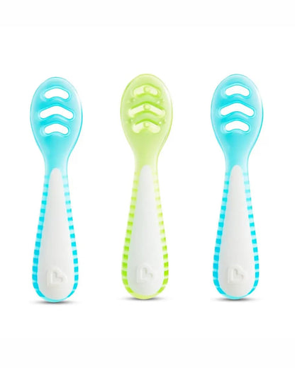 Munchkin Gentle Dip Multistage Spoon Set-Ergonomic Handles for Easy Grip-BPA-Free-Blue & Green-Pack of 3-4M+