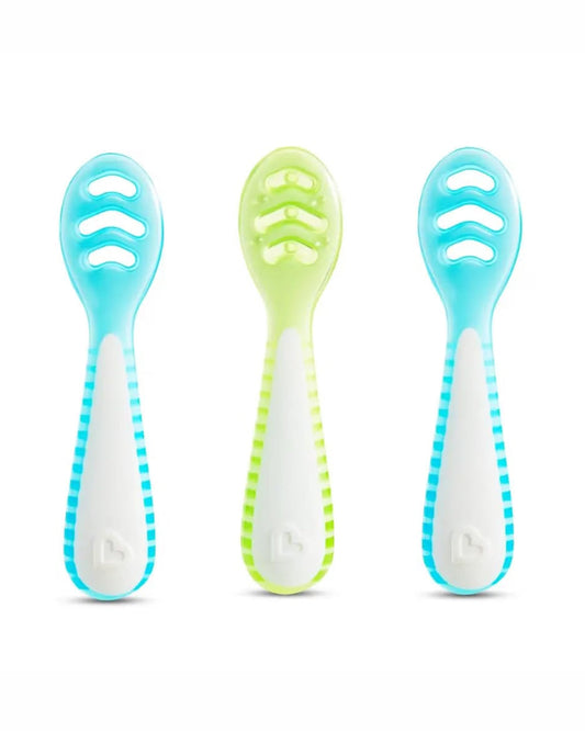 Munchkin Gentle Dip Multistage Spoon Set-Ergonomic Handles for Easy Grip-BPA-Free-Blue & Green-Pack of 3-4M+