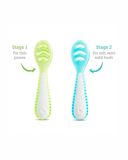 Munchkin Gentle Dip Multistage Spoon Set-Ergonomic Handles for Easy Grip-BPA-Free-Blue & Green-Pack of 3-4M+