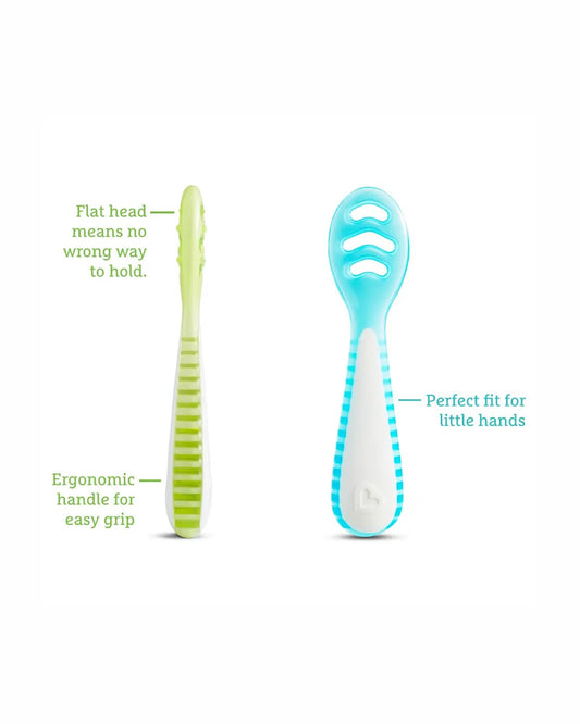 Munchkin Gentle Dip Multistage Spoon Set-Ergonomic Handles for Easy Grip-BPA-Free-Blue & Green-Pack of 3-4M+
