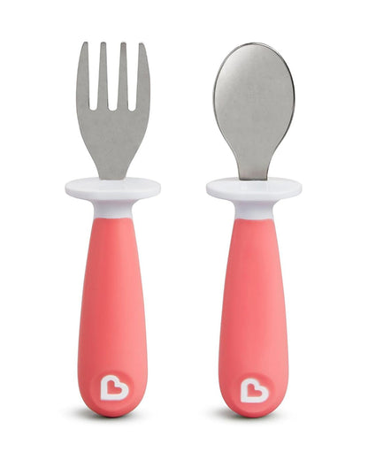 Munchkin Raise Toddler Fork & Spoon Set-Ergonomic Handles for Easy Grip-BPA-Free-Pink-12M+
