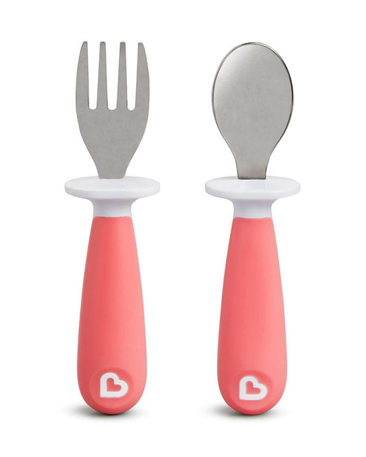 Munchkin Raise Toddler Fork & Spoon Set-Ergonomic Handles for Easy Grip-BPA-Free-Pink-12M+