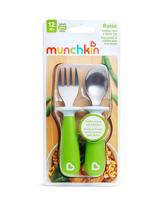 Munchkin Raise Toddler Fork & Spoon Set-Ergonomic Handles for Easy Grip-BPA-Free-Green-12M+