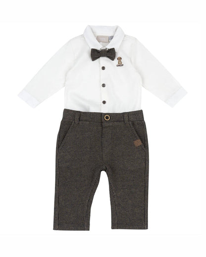 Chicco White & Brown Shirt & Trouser Set-Solid-Cotton-For Infants