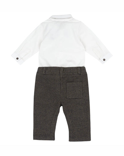 Chicco White & Brown Shirt & Trouser Set-Solid-Cotton-For Infants