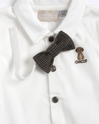 Chicco White & Brown Shirt & Trouser Set-Solid-Cotton-For Infants