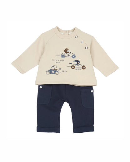 Chicco Beige & Navy Blue T-Shirt & Trouser Set-Cars-Cotton-For Infants