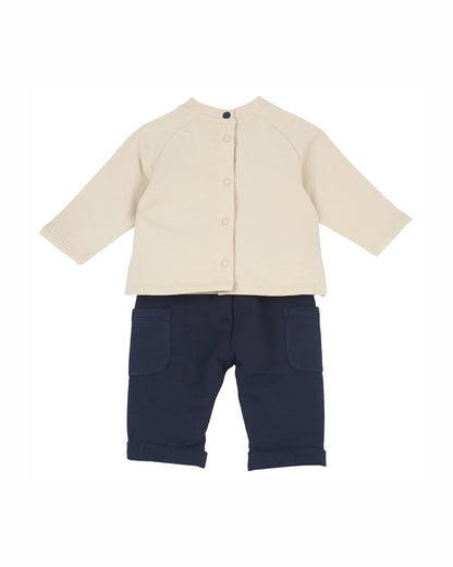 Chicco Beige & Navy Blue T-Shirt & Trouser Set-Cars-Cotton-For Infants