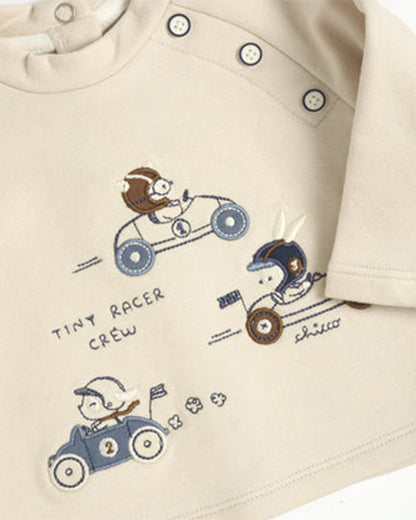 Chicco Beige & Navy Blue T-Shirt & Trouser Set-Cars-Cotton-For Infants