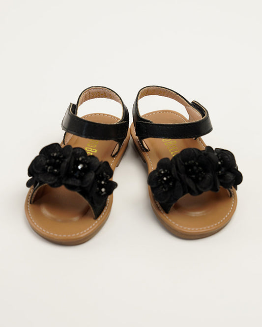 NINO BELLO Black Flower Applique Velcro Sandals For Infants