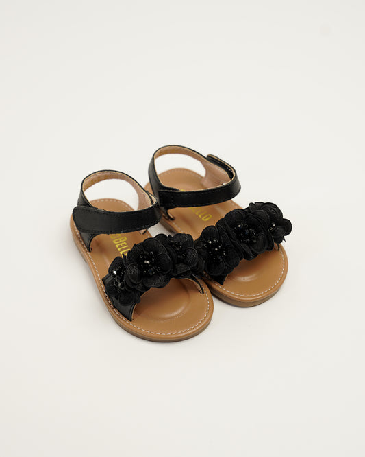 NINO BELLO Black Flower Applique Velcro Sandals For Infants