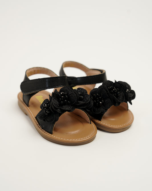 NINO BELLO Black Flower Applique Velcro Sandals For Infants