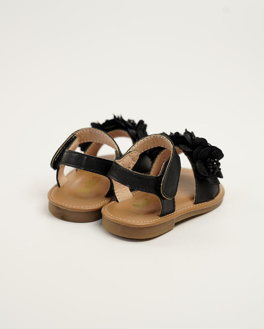 NINO BELLO Black Flower Applique Velcro Sandals For Infants