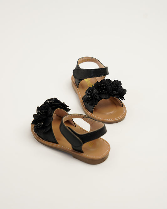 NINO BELLO Black Flower Applique Velcro Sandals For Infants