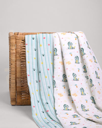 Twingle 100% Organic Muslin Swaddles-Dino Dare & Paw Strokes-Bigger than Standard Swaddles-Supports Natural Airflow-Soft Gentle Edges-White & Blue-Pack of 2-Infant Wraps