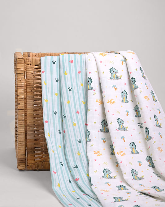 Twingle 100% Organic Muslin Swaddles-Dino Dare & Paw Strokes-Bigger than Standard Swaddles-Supports Natural Airflow-Soft Gentle Edges-White & Blue-Pack of 2-Infant Wraps