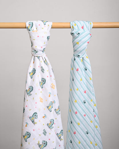 Twingle 100% Organic Muslin Swaddles-Dino Dare & Paw Strokes-Bigger than Standard Swaddles-Supports Natural Airflow-Soft Gentle Edges-White & Blue-Pack of 2-Infant Wraps