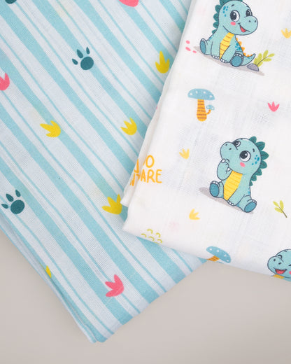 Twingle 100% Organic Muslin Swaddles-Dino Dare & Paw Strokes-Bigger than Standard Swaddles-Supports Natural Airflow-Soft Gentle Edges-White & Blue-Pack of 2-Infant Wraps