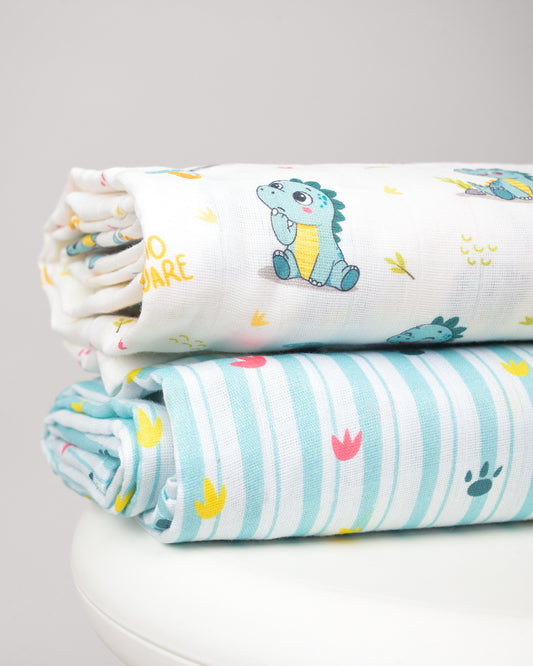 Twingle 100% Organic Muslin Swaddles-Dino Dare & Paw Strokes-Bigger than Standard Swaddles-Supports Natural Airflow-Soft Gentle Edges-White & Blue-Pack of 2-Infant Wraps