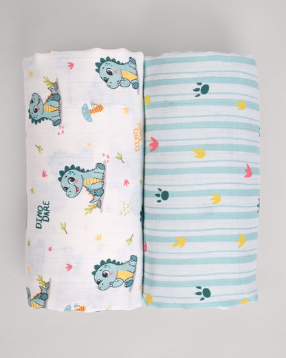 Twingle 100% Organic Muslin Swaddles-Dino Dare & Paw Strokes-Bigger than Standard Swaddles-Supports Natural Airflow-Soft Gentle Edges-White & Blue-Pack of 2-Infant Wraps