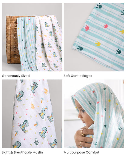 Twingle 100% Organic Muslin Swaddles-Dino Dare & Paw Strokes-Bigger than Standard Swaddles-Supports Natural Airflow-Soft Gentle Edges-White & Blue-Pack of 2-Infant Wraps