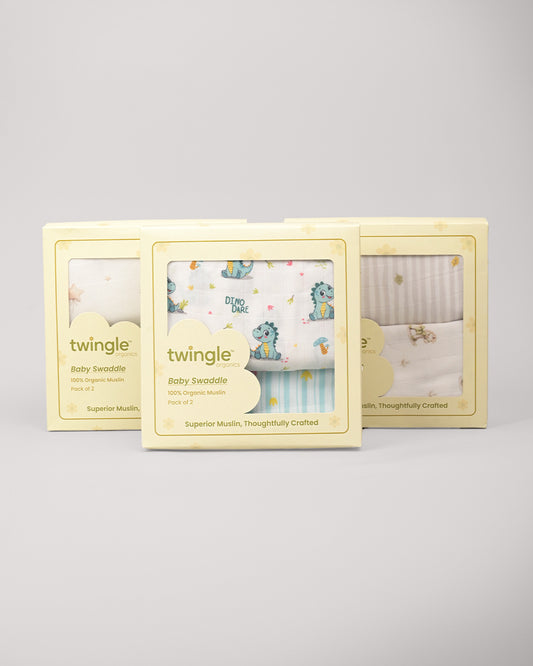 Twingle 100% Organic Muslin Swaddles-Dino Dare & Paw Strokes-Bigger than Standard Swaddles-Supports Natural Airflow-Soft Gentle Edges-White & Blue-Pack of 2-Infant Wraps