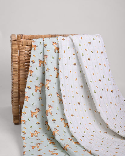 Twingle 100% Organic Muslin Swaddles-Fawnie Friends & Leafy Mush-Bigger than Standard Swaddles-Supports Natural Airflow-Soft Gentle Edges-White & Blue-Pack of 2-Infant Wraps