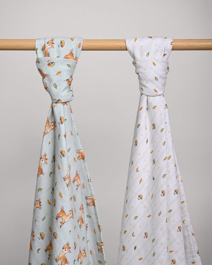 Twingle 100% Organic Muslin Swaddles-Fawnie Friends & Leafy Mush-Bigger than Standard Swaddles-Supports Natural Airflow-Soft Gentle Edges-White & Blue-Pack of 2-Infant Wraps