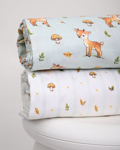 Twingle 100% Organic Muslin Swaddles-Fawnie Friends & Leafy Mush-Bigger than Standard Swaddles-Supports Natural Airflow-Soft Gentle Edges-White & Blue-Pack of 2-Infant Wraps