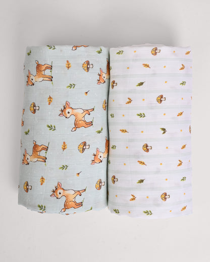 Twingle 100% Organic Muslin Swaddles-Fawnie Friends & Leafy Mush-Bigger than Standard Swaddles-Supports Natural Airflow-Soft Gentle Edges-White & Blue-Pack of 2-Infant Wraps
